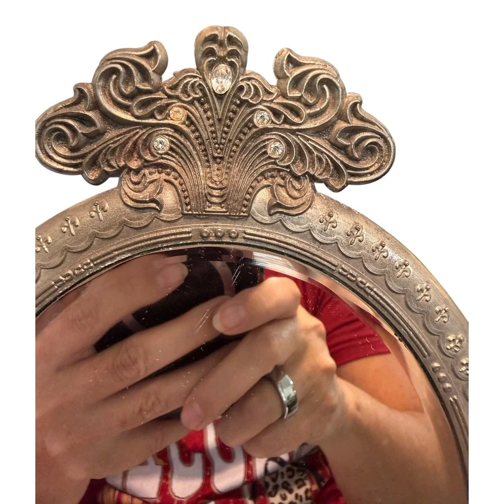 Miro Line Vintage Ornate Vanity Mirror Pewter Tone Swivel Tabletop Oval Mirror